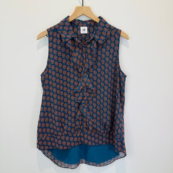 CAbi Tops - CAbi Sleeveless Blouse Women's Medium Teal Print Bohemian Ruffles Professional